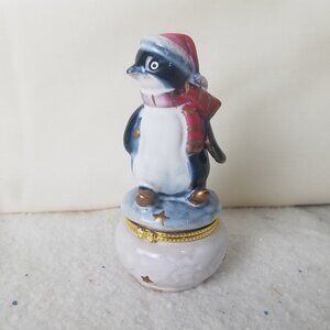 Penguin trinket box porcelain vintage Christmas figure décor scarf